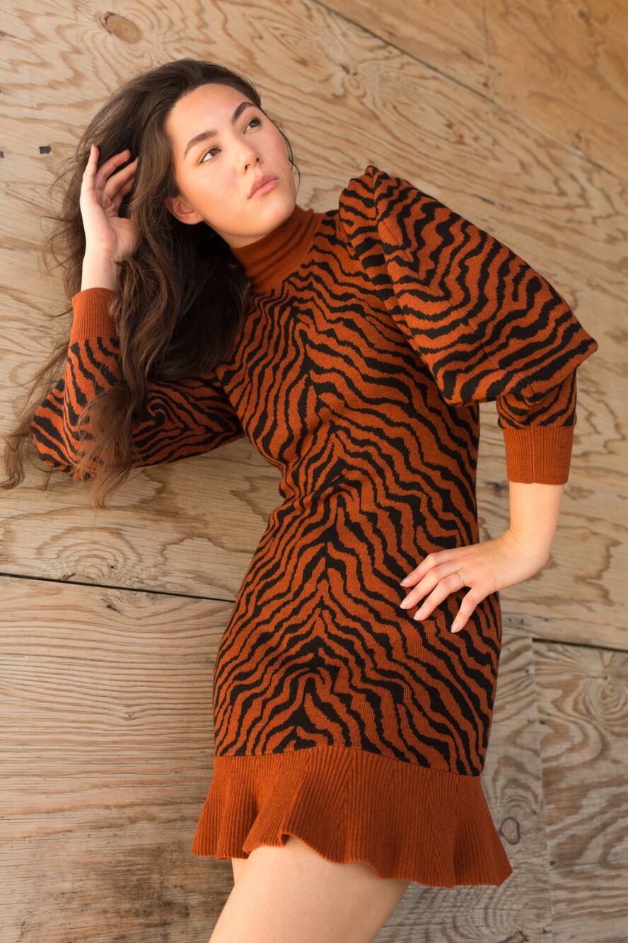 ULLA JOHNSON Red Black Zebra Printed 100% Merino Wool Puff Sleeves Joni Dress M